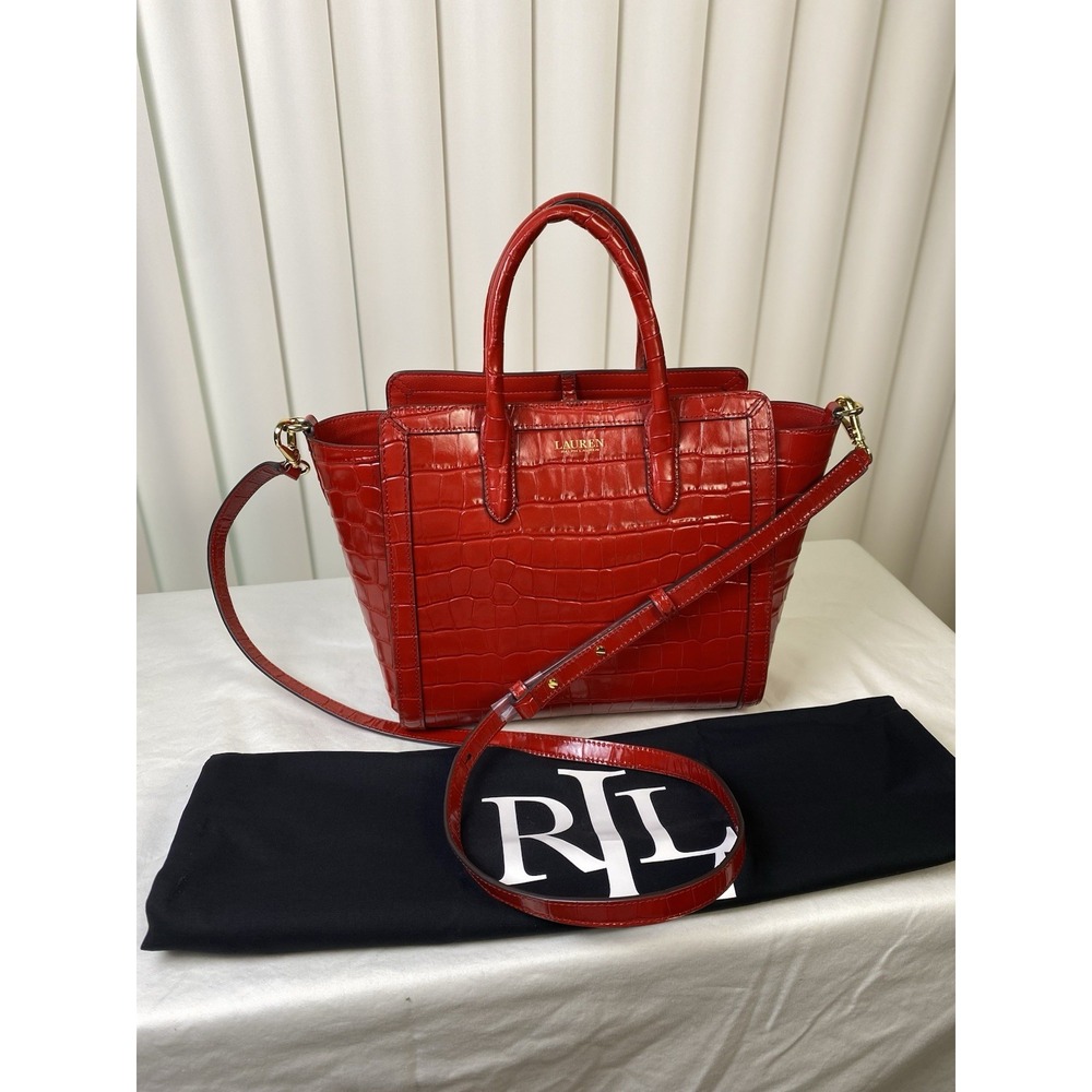 Lauren Ralph Lauren New Tyler Embossed  Crocodile Red Leather Handbag/ Crossbody